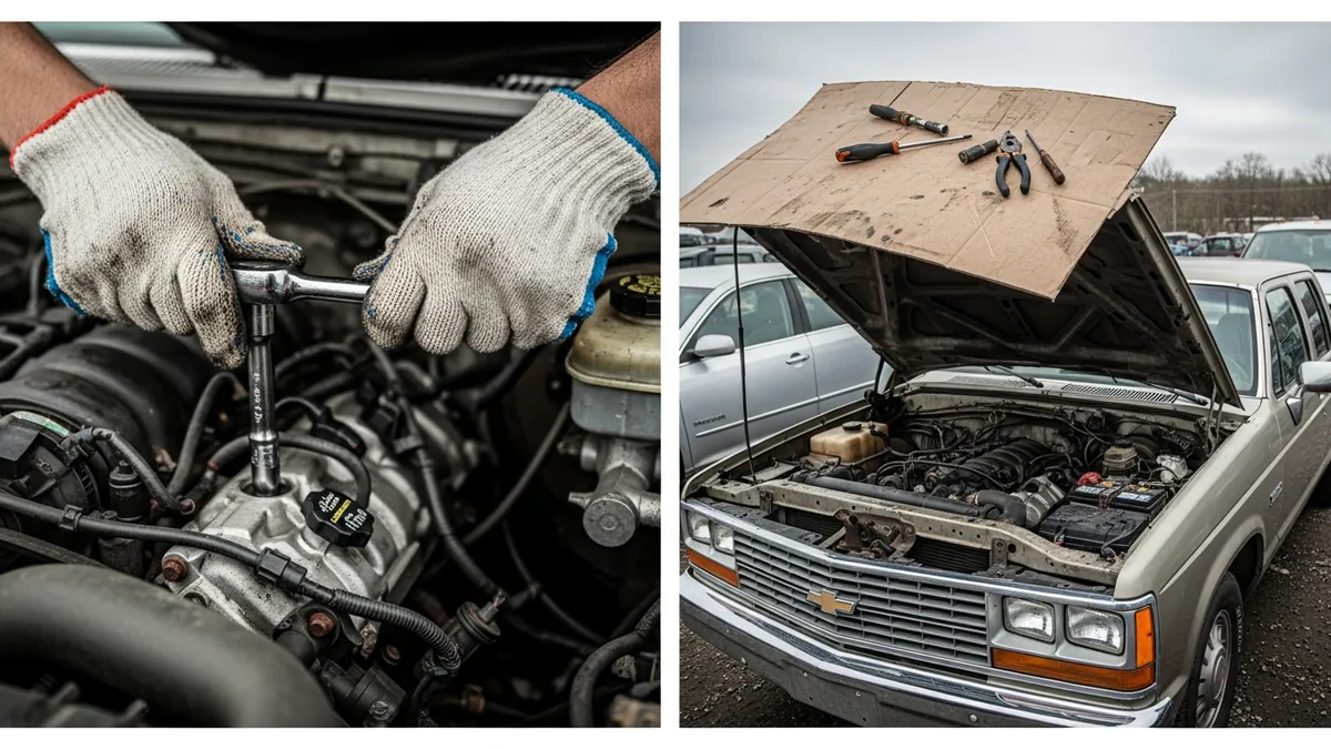 Gloved hands using a socket wrench to remove a component from an engine bay