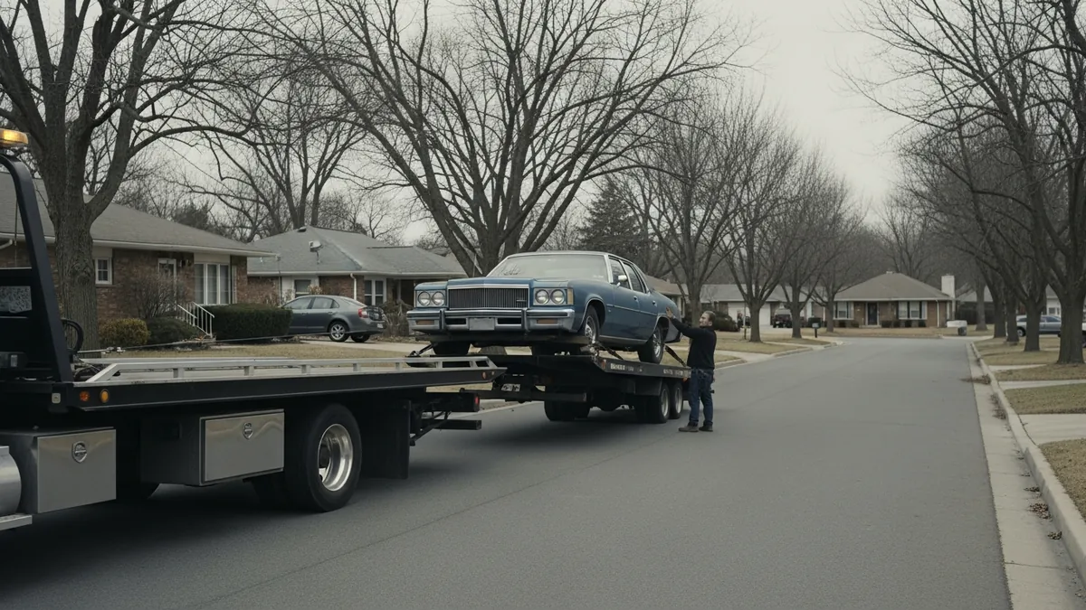 A non-running sedan being winched onto a flatbed tow truck outside a suburban home