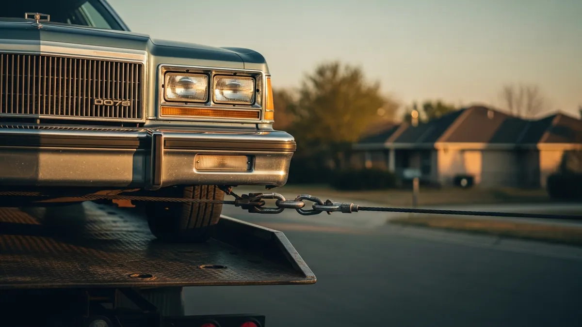 A damaged car loaded on a flatbed tow truck ready for pickup by a salvage buyer