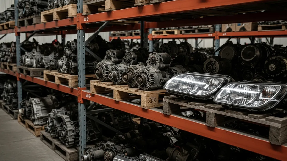 Used body panels and mechanical parts stacked on pallets inside an auto recycler warehouse
