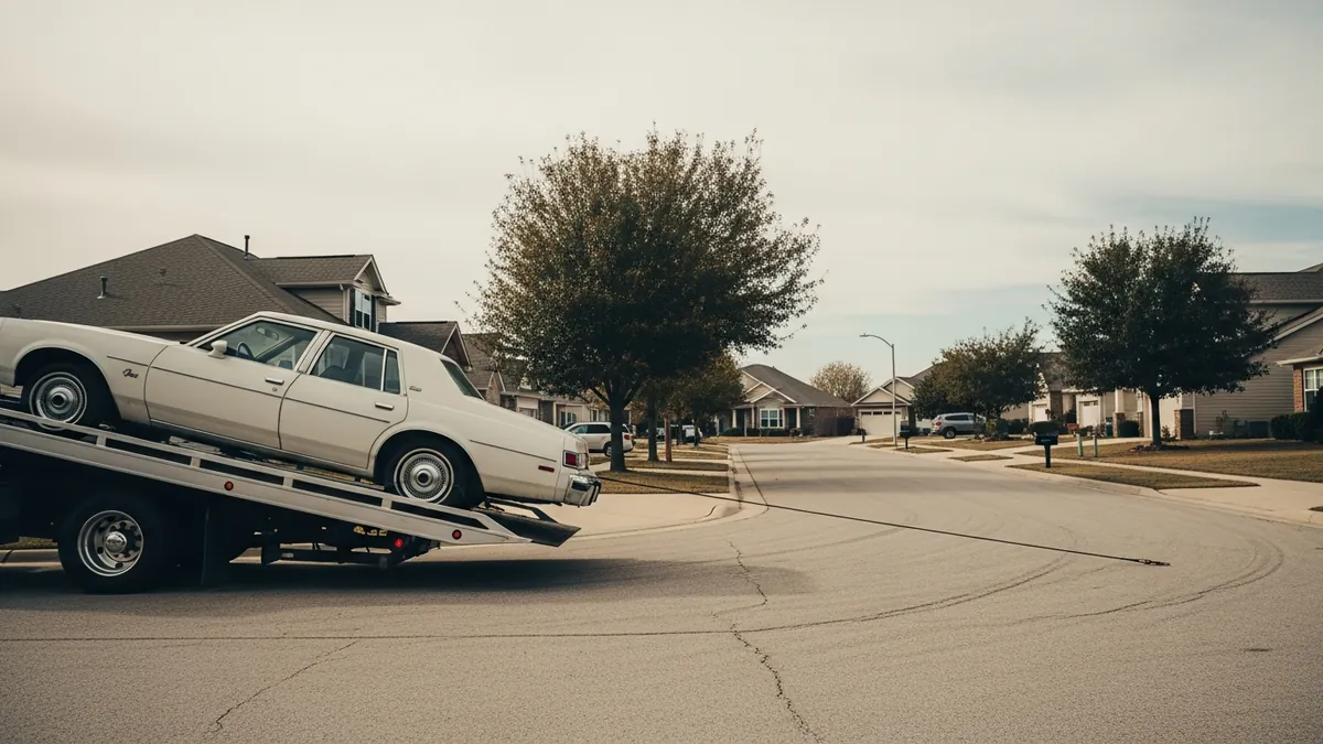 A non-running sedan being winched onto a flatbed tow truck outside a suburban home