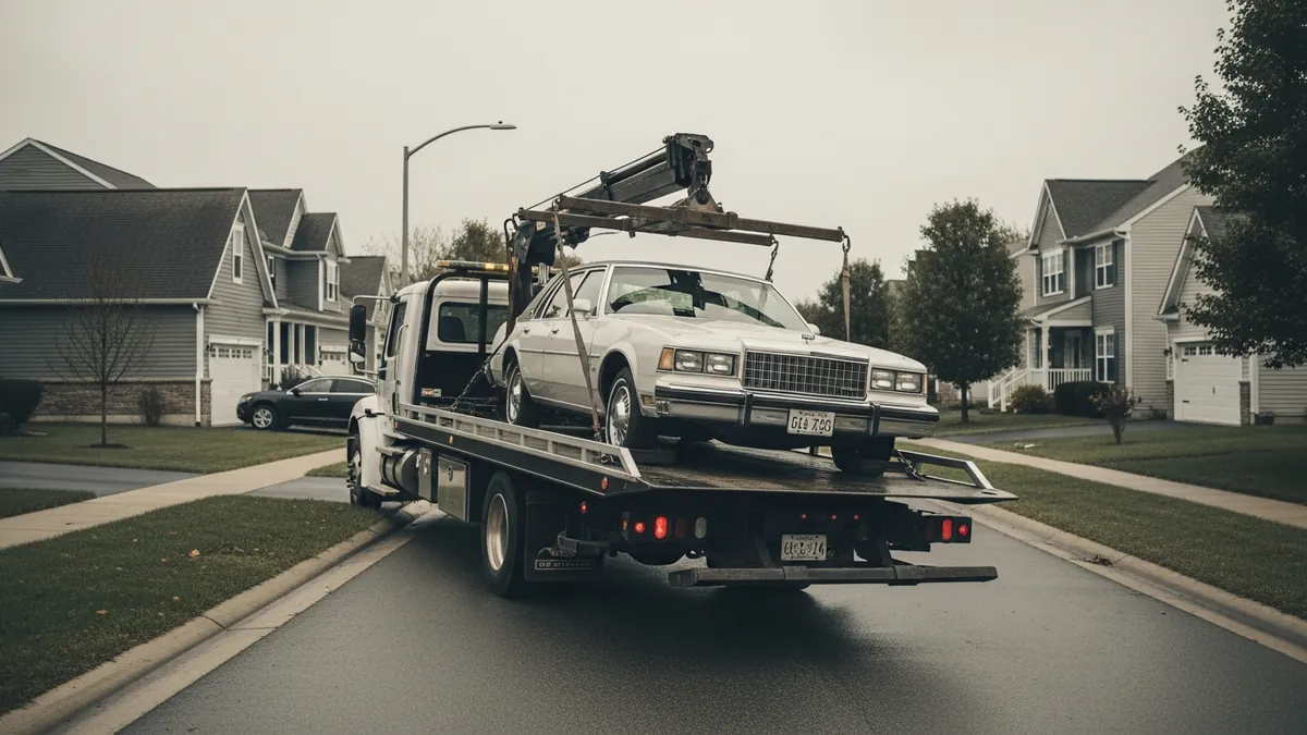 A non-running sedan being winched onto a flatbed tow truck outside a suburban home