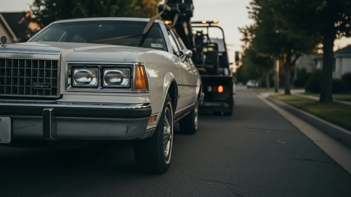 A damaged car loaded on a flatbed tow truck ready for pickup by a salvage buyer
