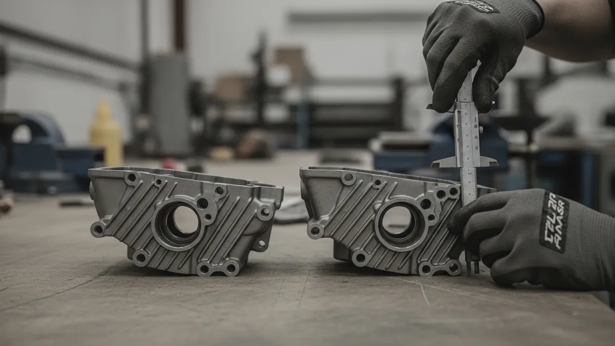 Two similar engine components placed side by side on a workbench for fitment comparison