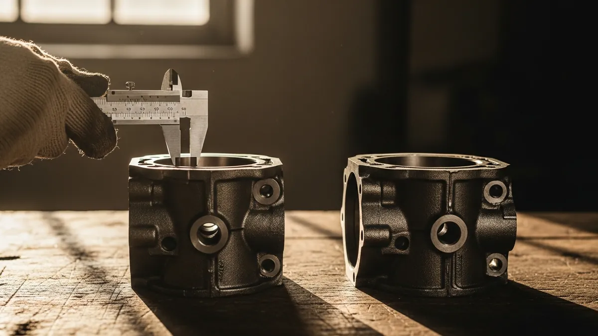 Gloved hands measuring a used part with calipers to verify it matches the original