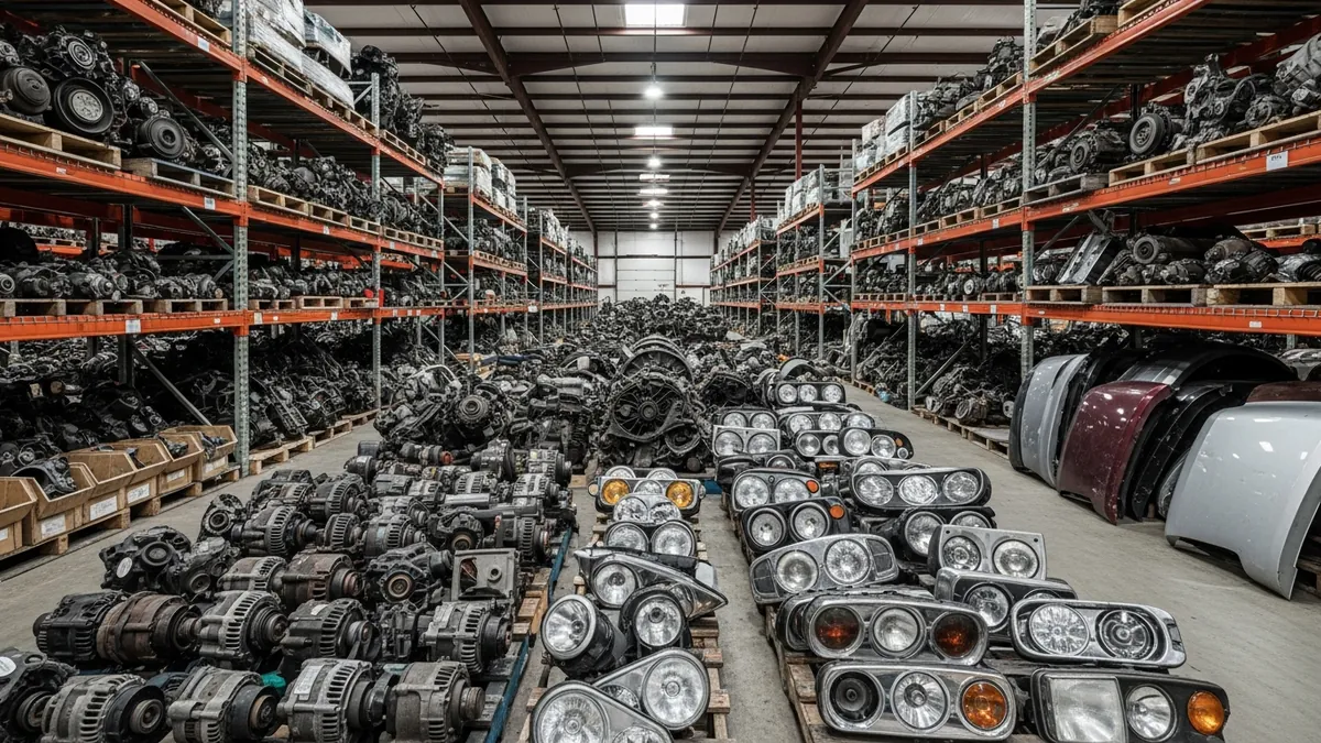 Shelves of removed alternators, starters and headlight assemblies in a salvage yard warehouse