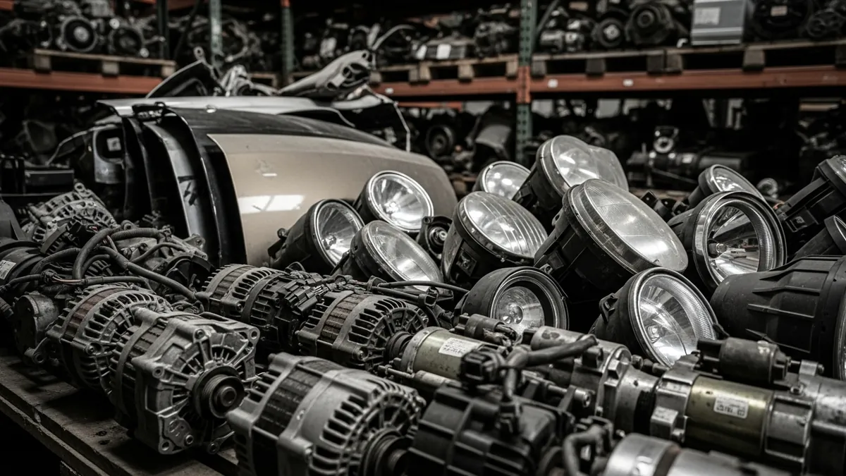 Used body panels and mechanical parts stacked on pallets inside an auto recycler warehouse