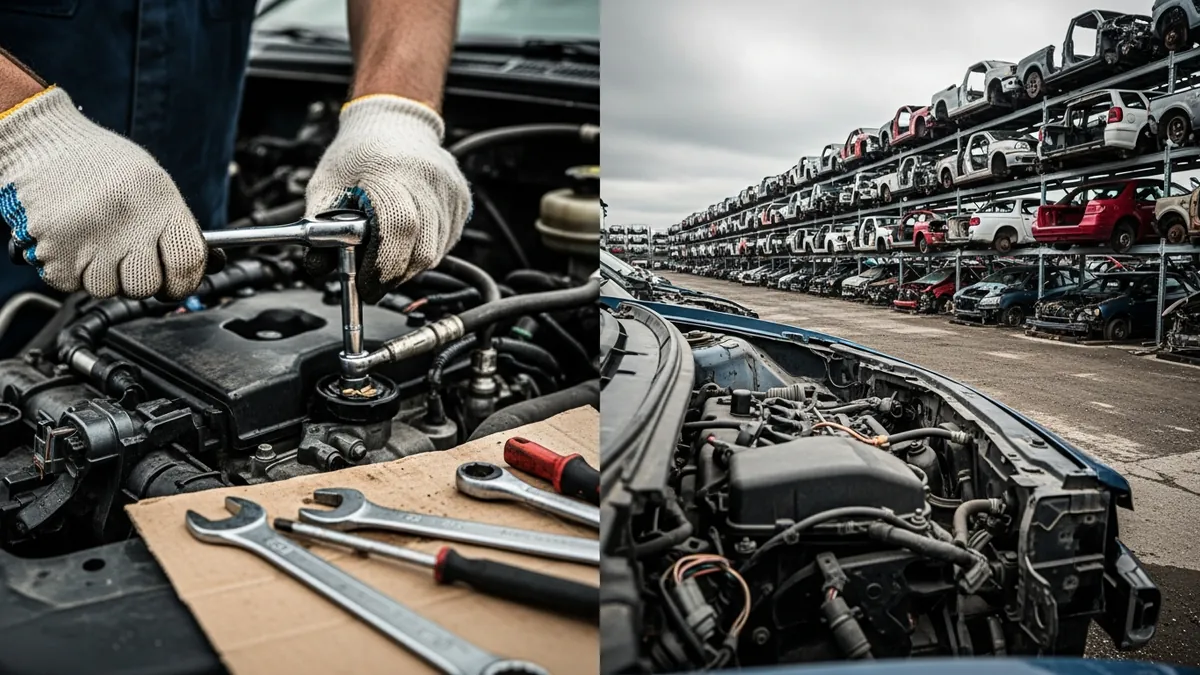 Gloved hands using a socket wrench to remove a component from an engine bay
