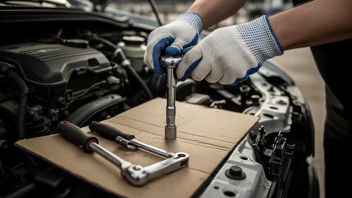 Hand tools laid out on cardboard beside a partially disassembled engine bay