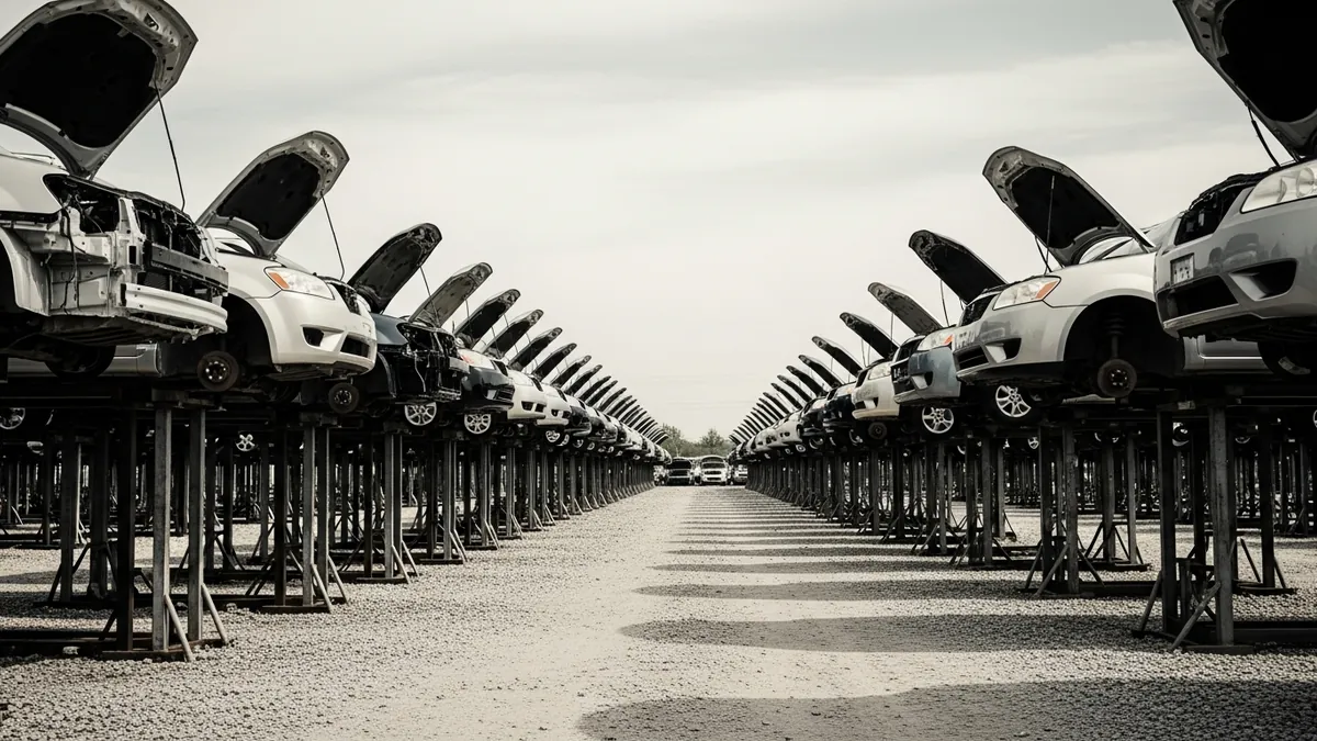 Rows of end-of-life vehicles raised on steel stands at a self-service salvage yard