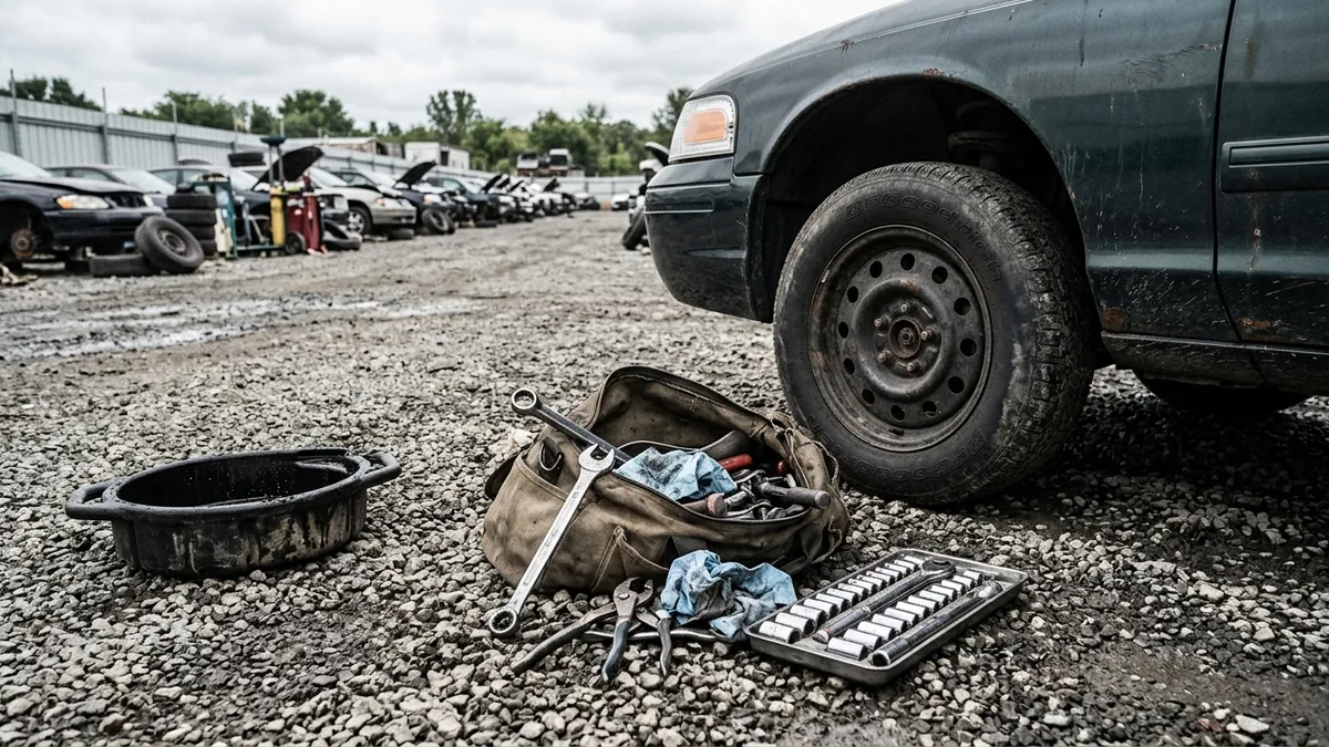 Open tool bag with hose clamp pliers, flare-nut wrench, and drain pan on gravel