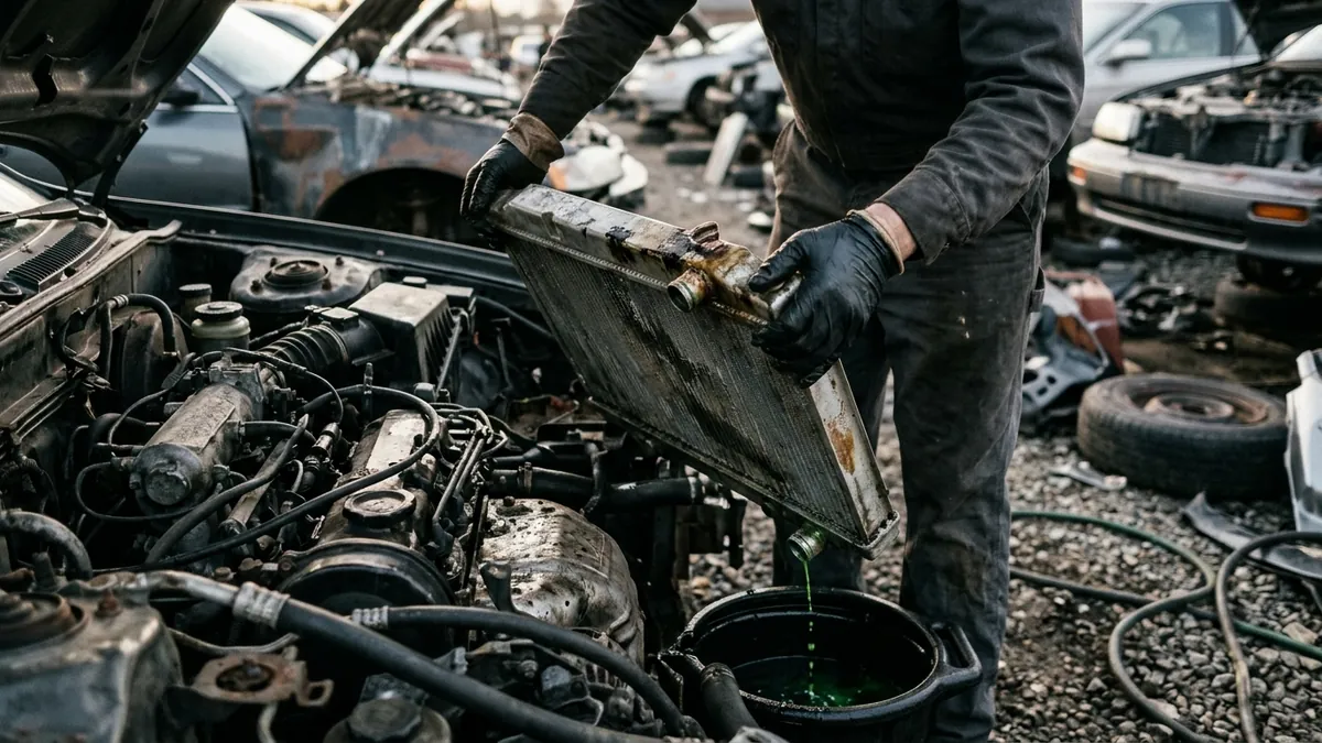 Gloved hands lifting a radiator out of a sedan's engine bay as coolant drips