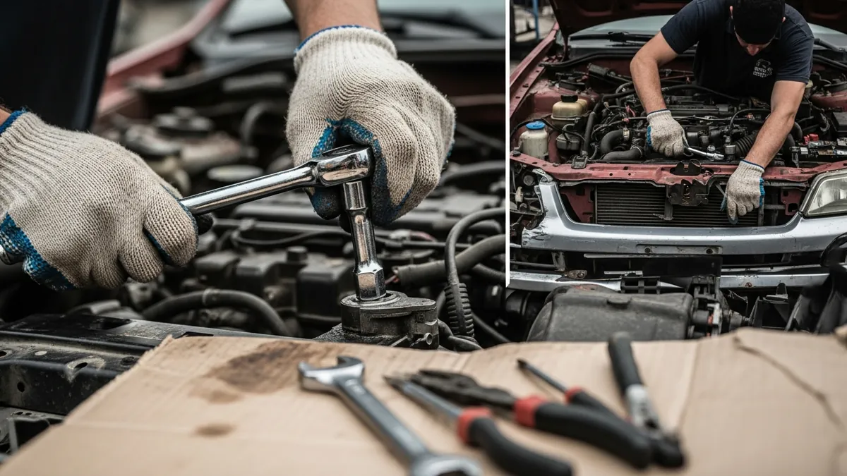 Gloved hands using a socket wrench to remove a component from an engine bay