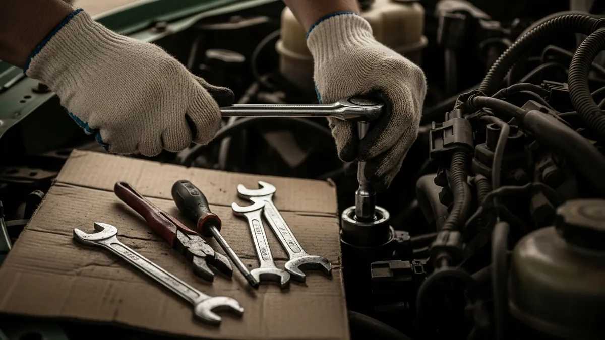 Hand tools laid out on cardboard beside a partially disassembled engine bay