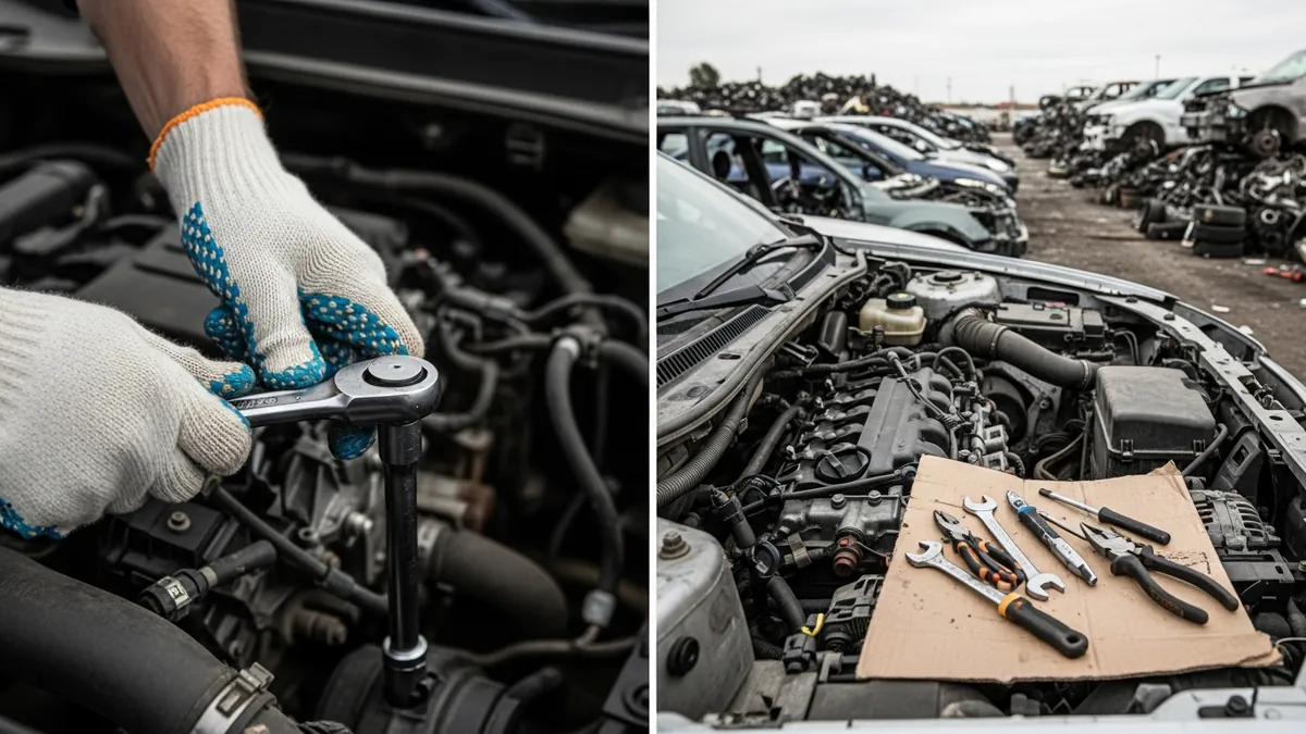 Gloved hands using a socket wrench to remove a component from an engine bay