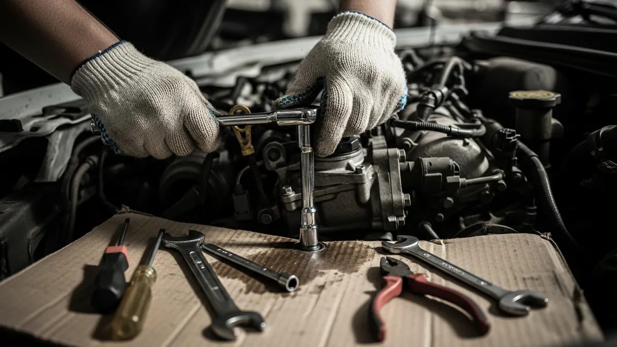 Hand tools laid out on cardboard beside a partially disassembled engine bay