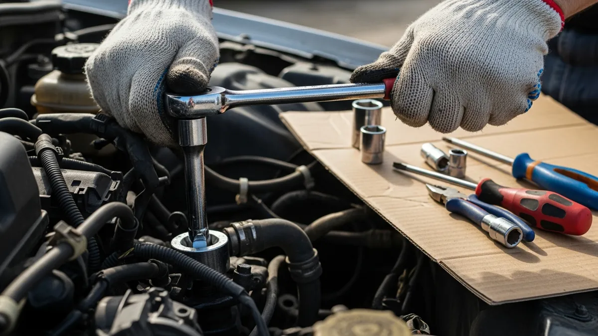 Hand tools laid out on cardboard beside a partially disassembled engine bay