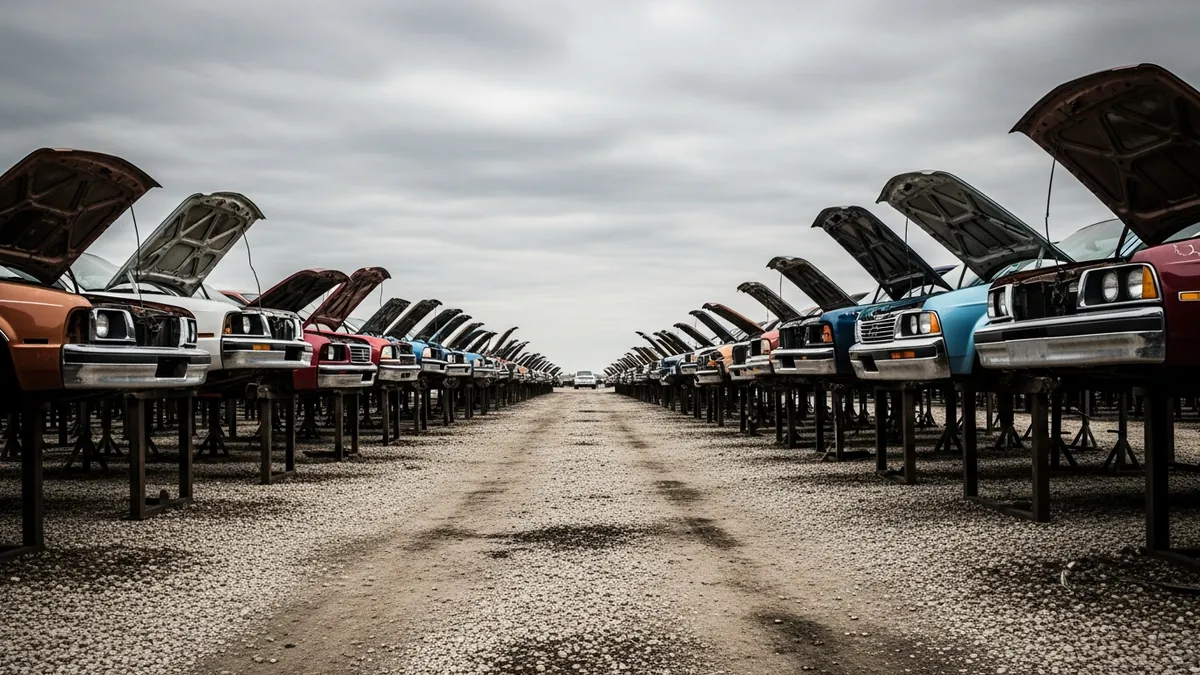 Rows of end-of-life vehicles raised on steel stands at a self-service salvage yard