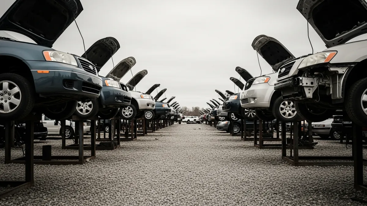 A gravel aisle between rows of donor cars with their hoods open at an auto salvage yard