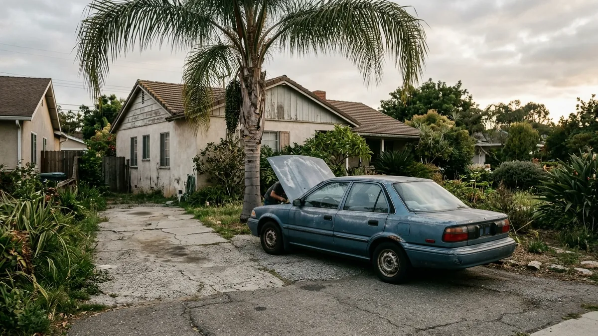 Faded compact sedan with its hood ajar parked under a palm tree in a driveway