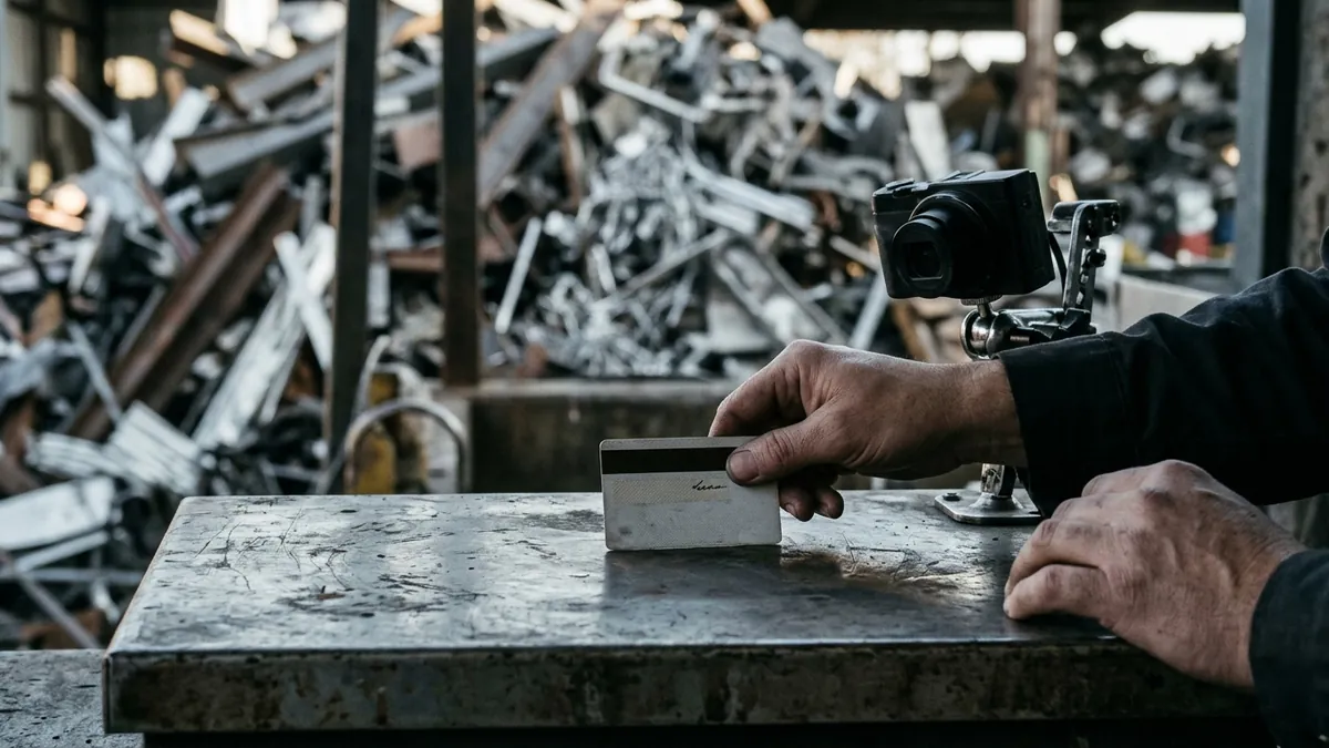 Hand placing an ID card face down on a scrap recycler's counter