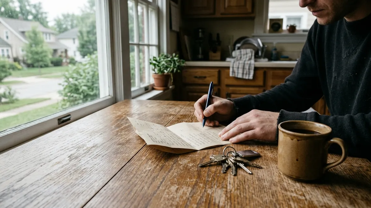 Hands holding a folded paper form and pen beside car keys on a kitchen table