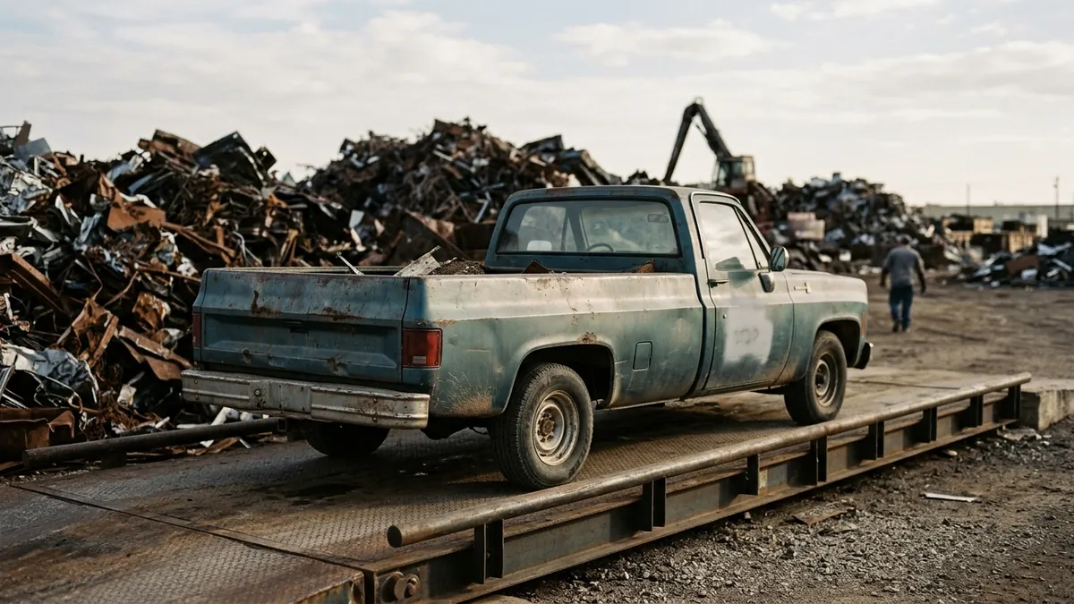 Older pickup truck sitting on a truck scale at a metal recycling yard