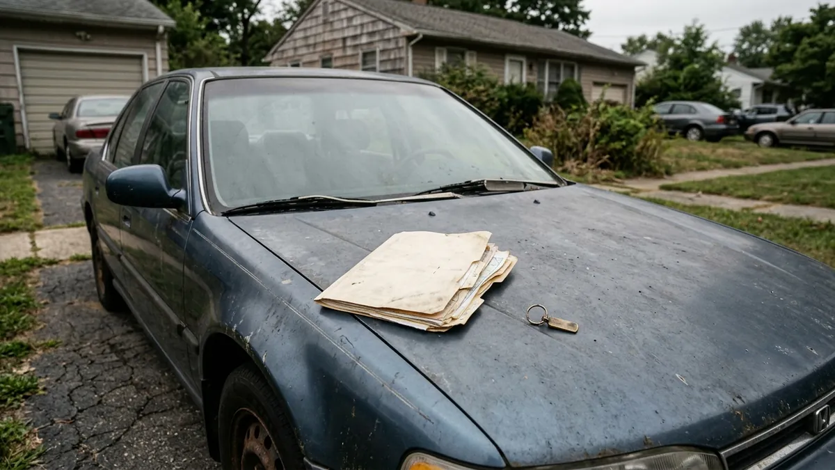 Manila folder with folded vehicle papers resting on the hood of an older sedan