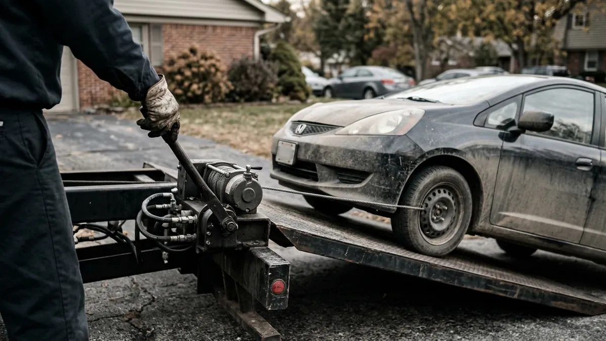 Flatbed tow truck winching a dusty hatchback up from a suburban driveway