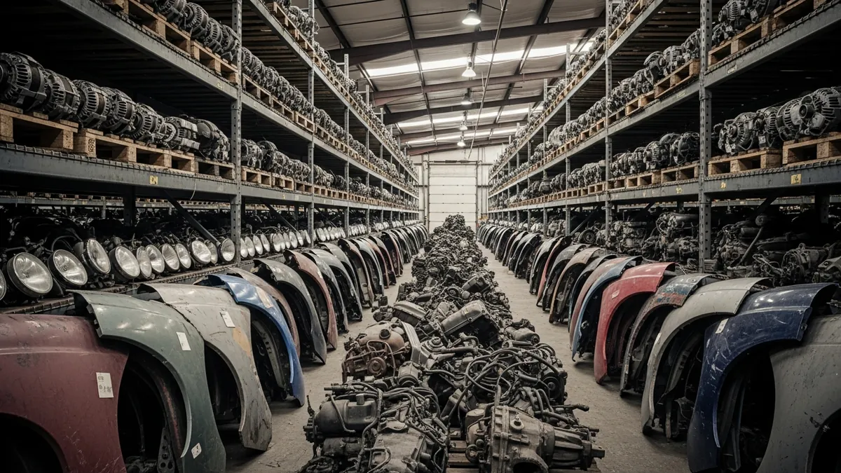 Shelves of removed alternators, starters and headlight assemblies in a salvage yard warehouse