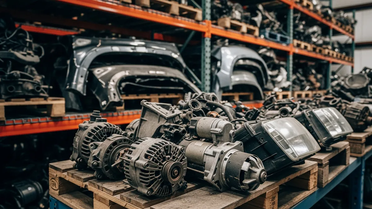 Used body panels and mechanical parts stacked on pallets inside an auto recycler warehouse