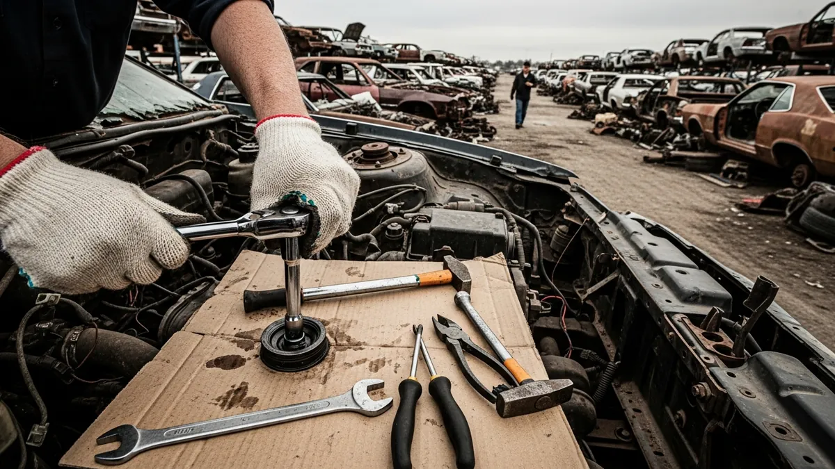 Gloved hands using a socket wrench to remove a component from an engine bay