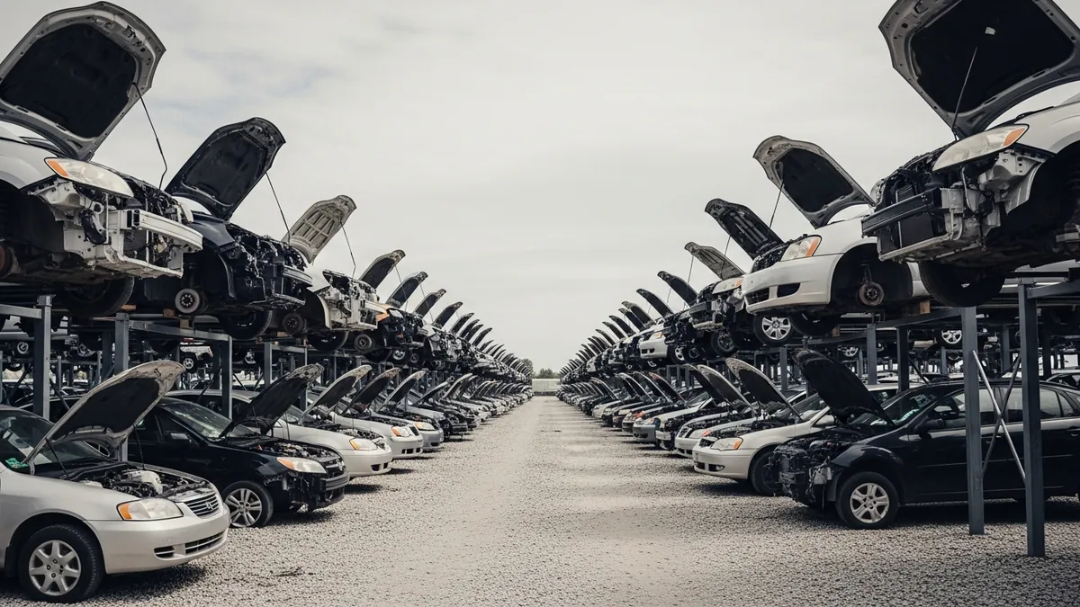 Rows of end-of-life vehicles raised on steel stands at a self-service salvage yard