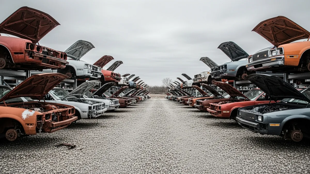 Rows of end-of-life vehicles raised on steel stands at a self-service salvage yard