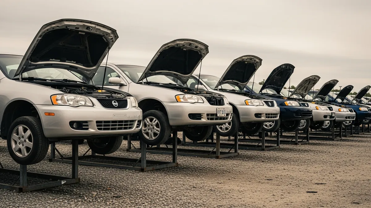 A gravel aisle between rows of donor cars with their hoods open at an auto salvage yard