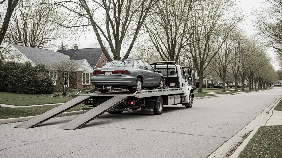 A non-running sedan being winched onto a flatbed tow truck outside a suburban home