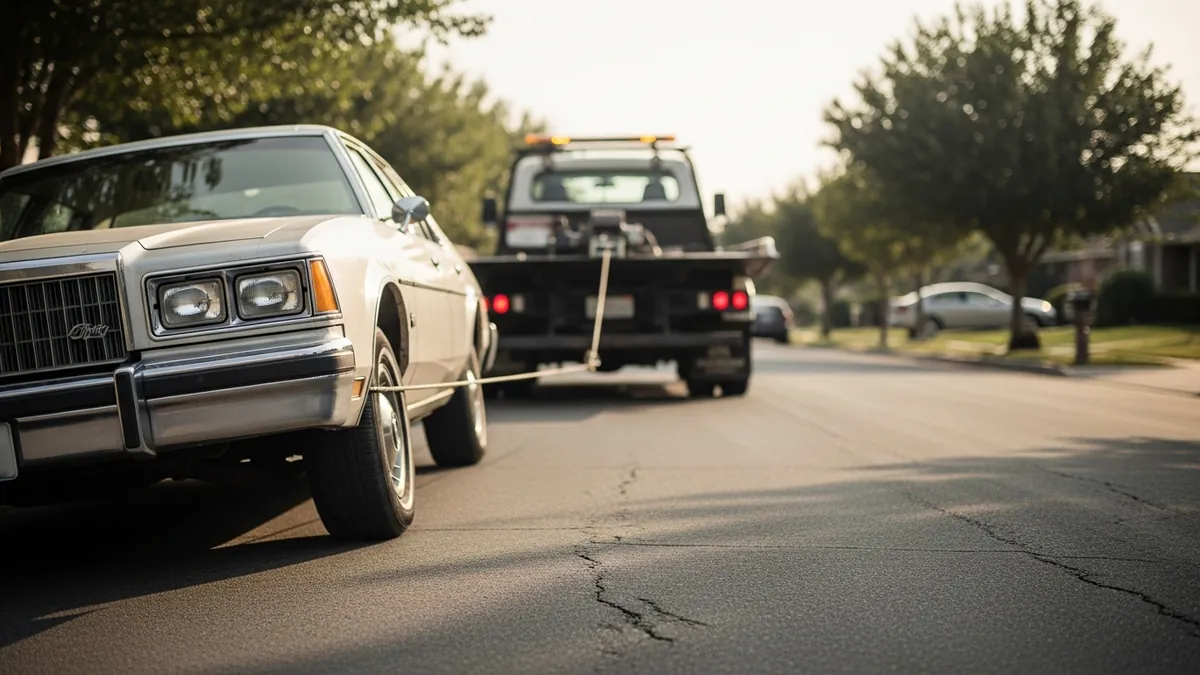 A damaged car loaded on a flatbed tow truck ready for pickup by a salvage buyer