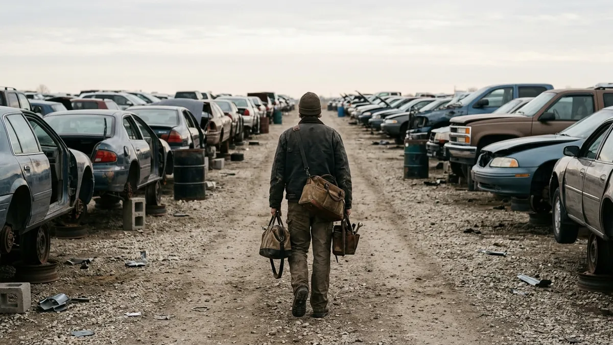 Person carrying a tool bag past cars on wheel stands at a salvage yard