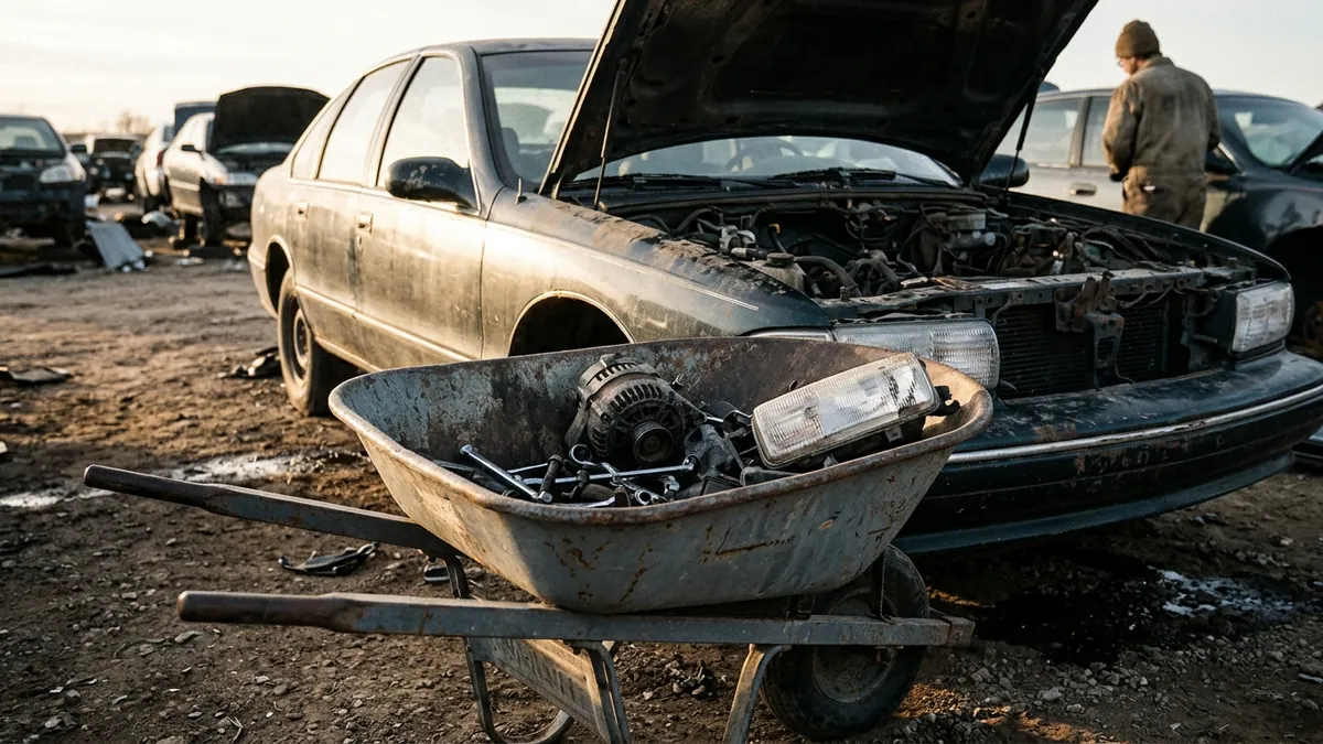 Wheelbarrow holding a pulled alternator and headlight beside a sedan in early morning light