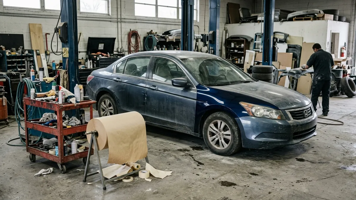 Repaired midsize sedan with a freshly painted front fender inside a body shop bay