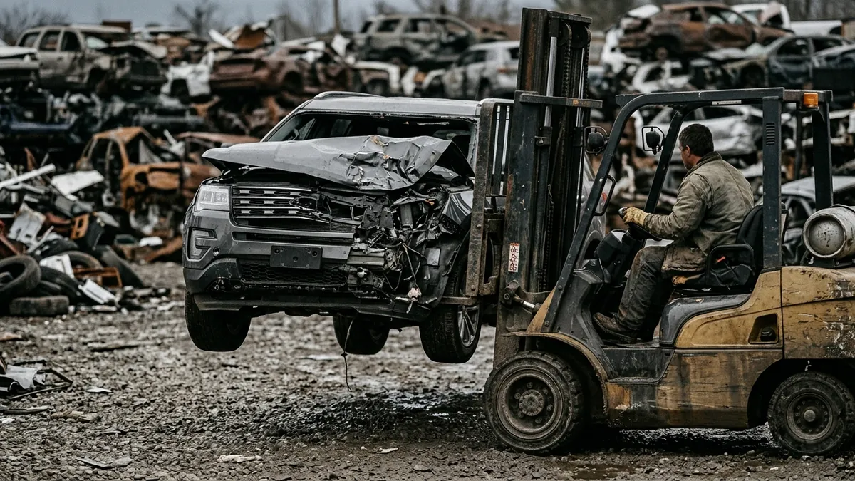 Forklift lifting a collision-damaged SUV with a crumpled front end at an auto recycler