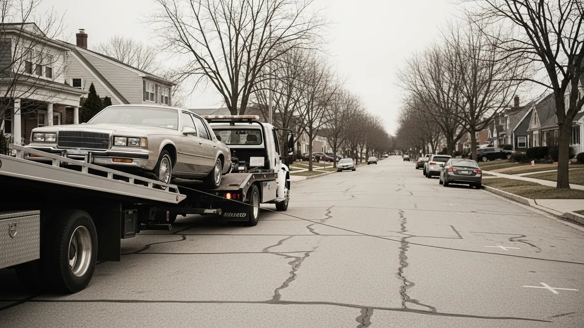 A non-running sedan being winched onto a flatbed tow truck outside a suburban home