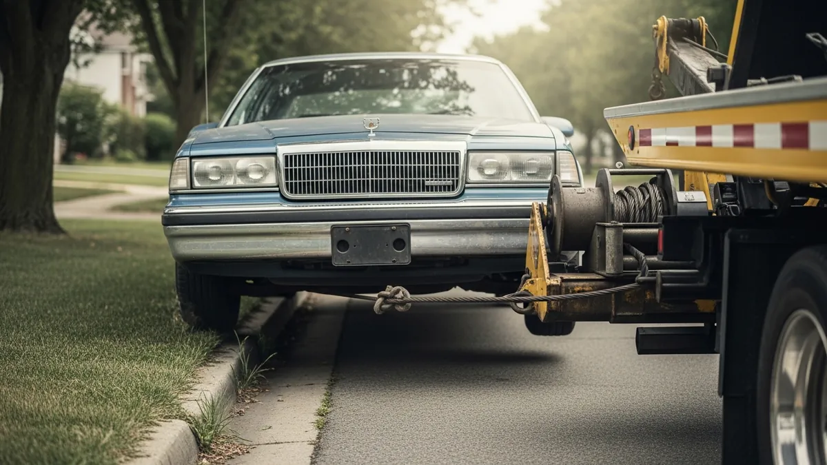 A damaged car loaded on a flatbed tow truck ready for pickup by a salvage buyer