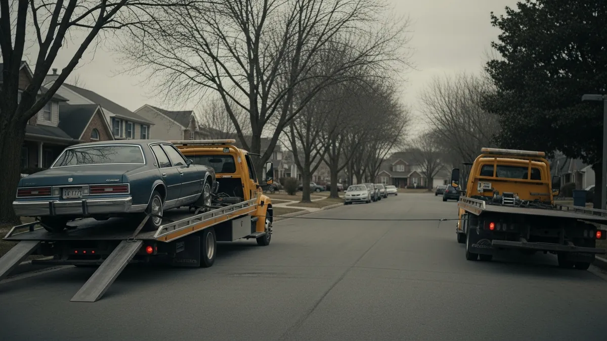 A non-running sedan being winched onto a flatbed tow truck outside a suburban home
