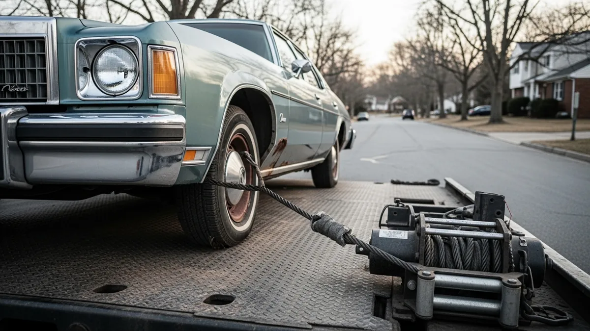 A damaged car loaded on a flatbed tow truck ready for pickup by a salvage buyer