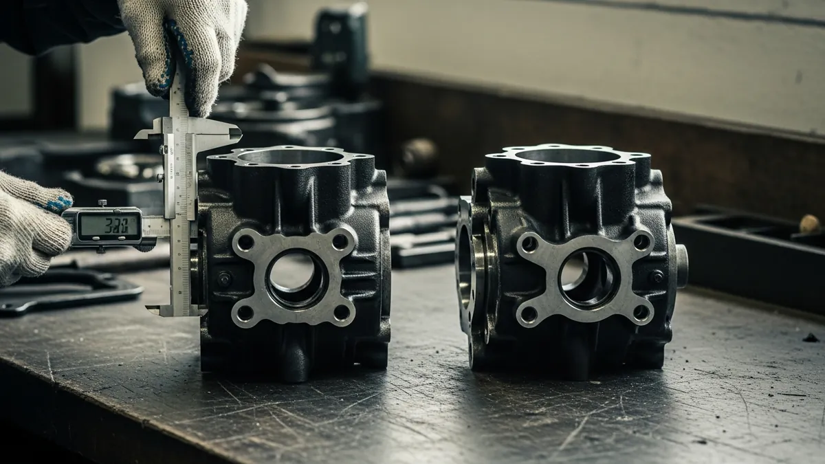 Two similar engine components placed side by side on a workbench for fitment comparison
