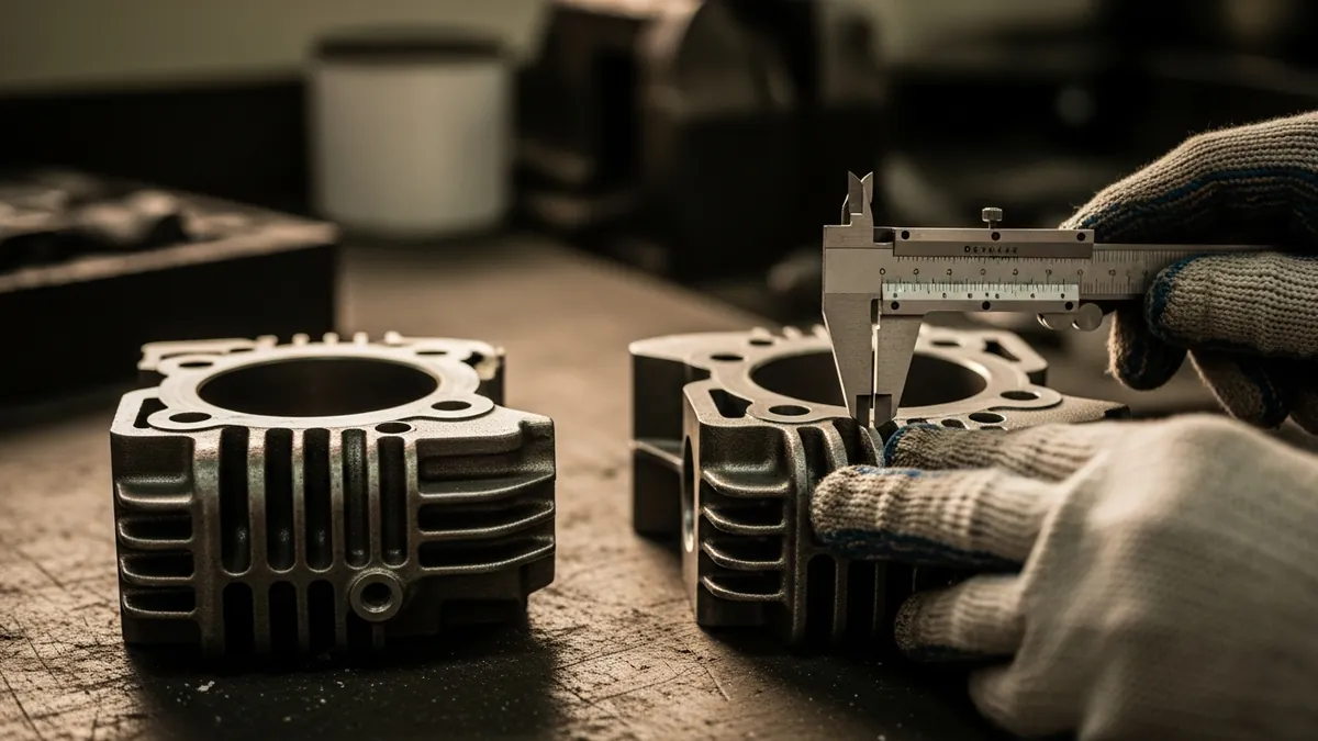 Gloved hands measuring a used part with calipers to verify it matches the original