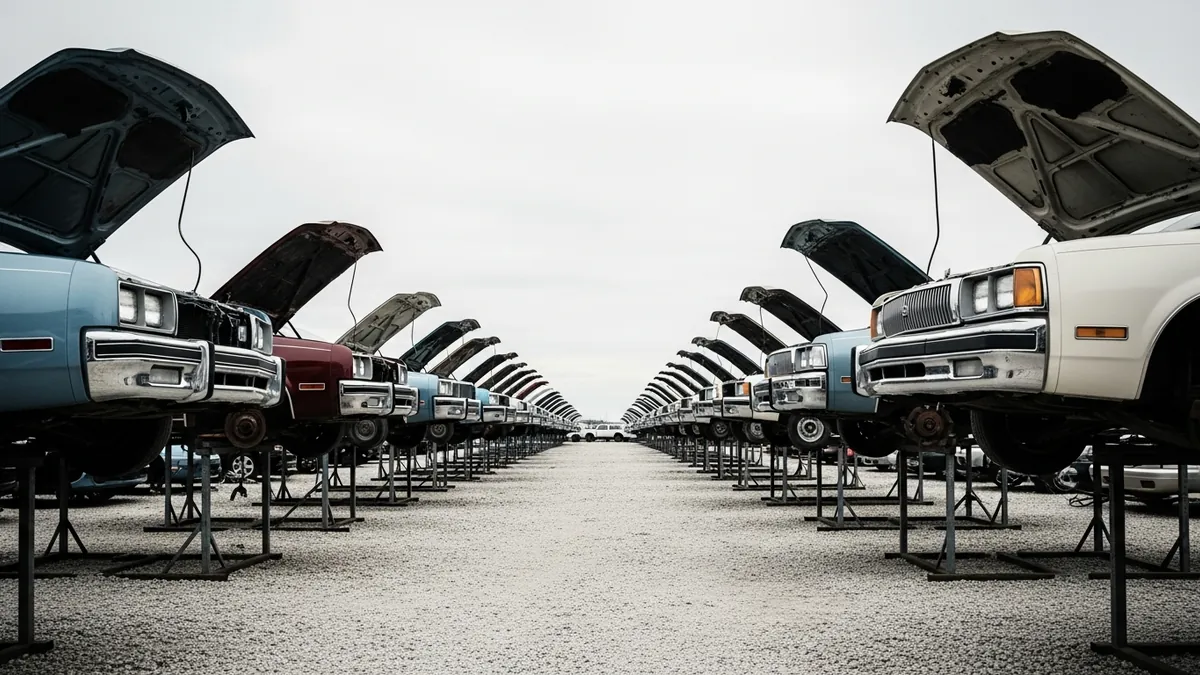 Rows of end-of-life vehicles raised on steel stands at a self-service salvage yard