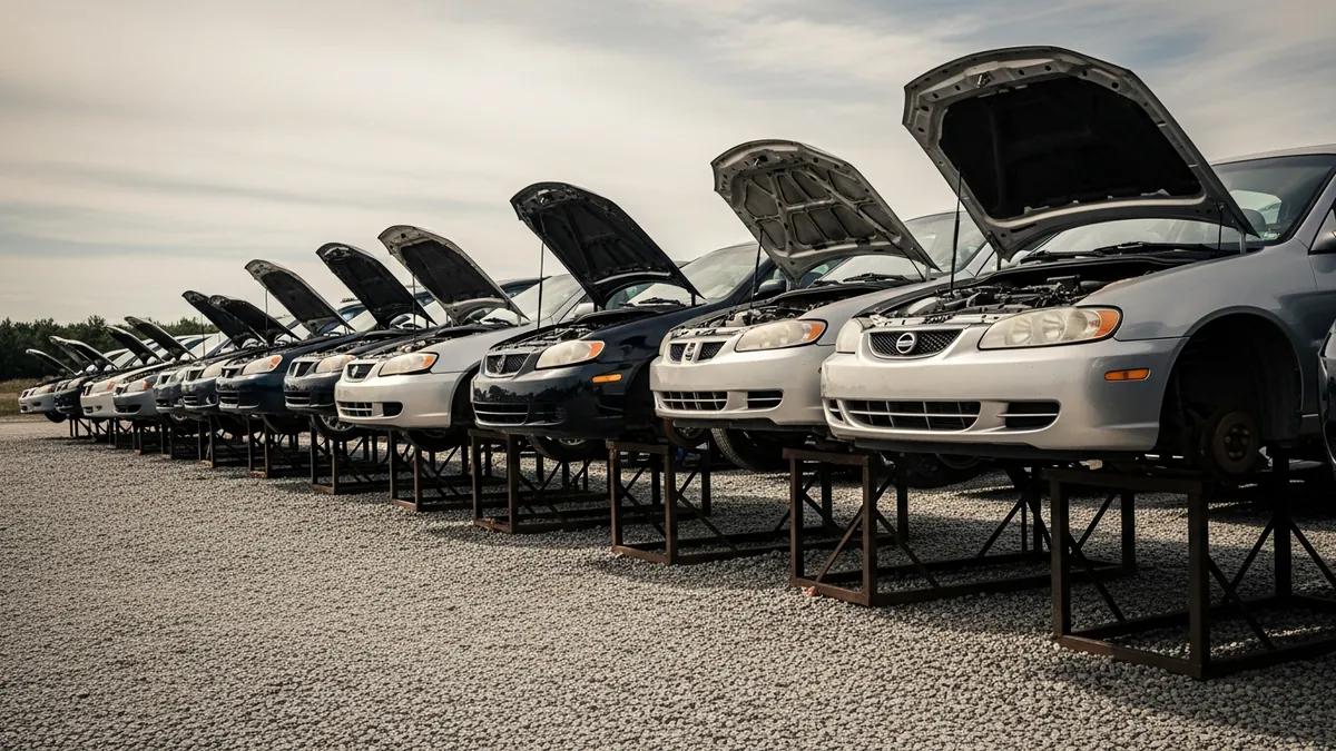 A gravel aisle between rows of donor cars with their hoods open at an auto salvage yard