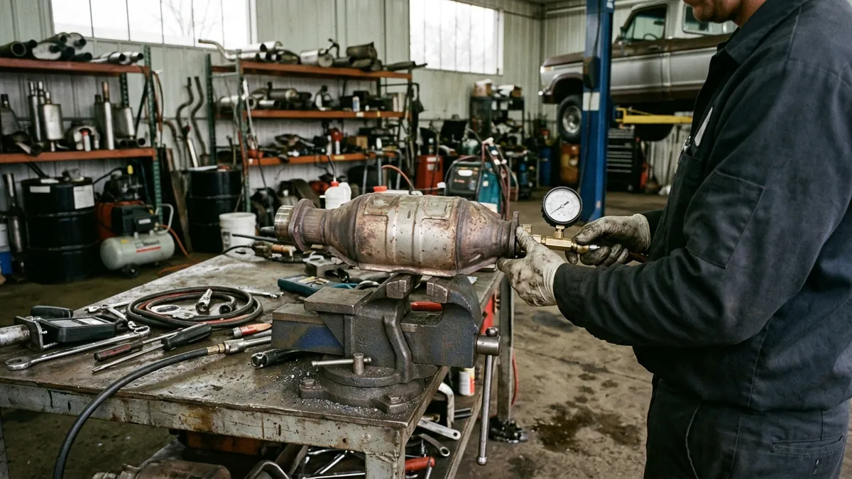 Gloved hands attaching a test fitting to a used catalytic converter on a workbench